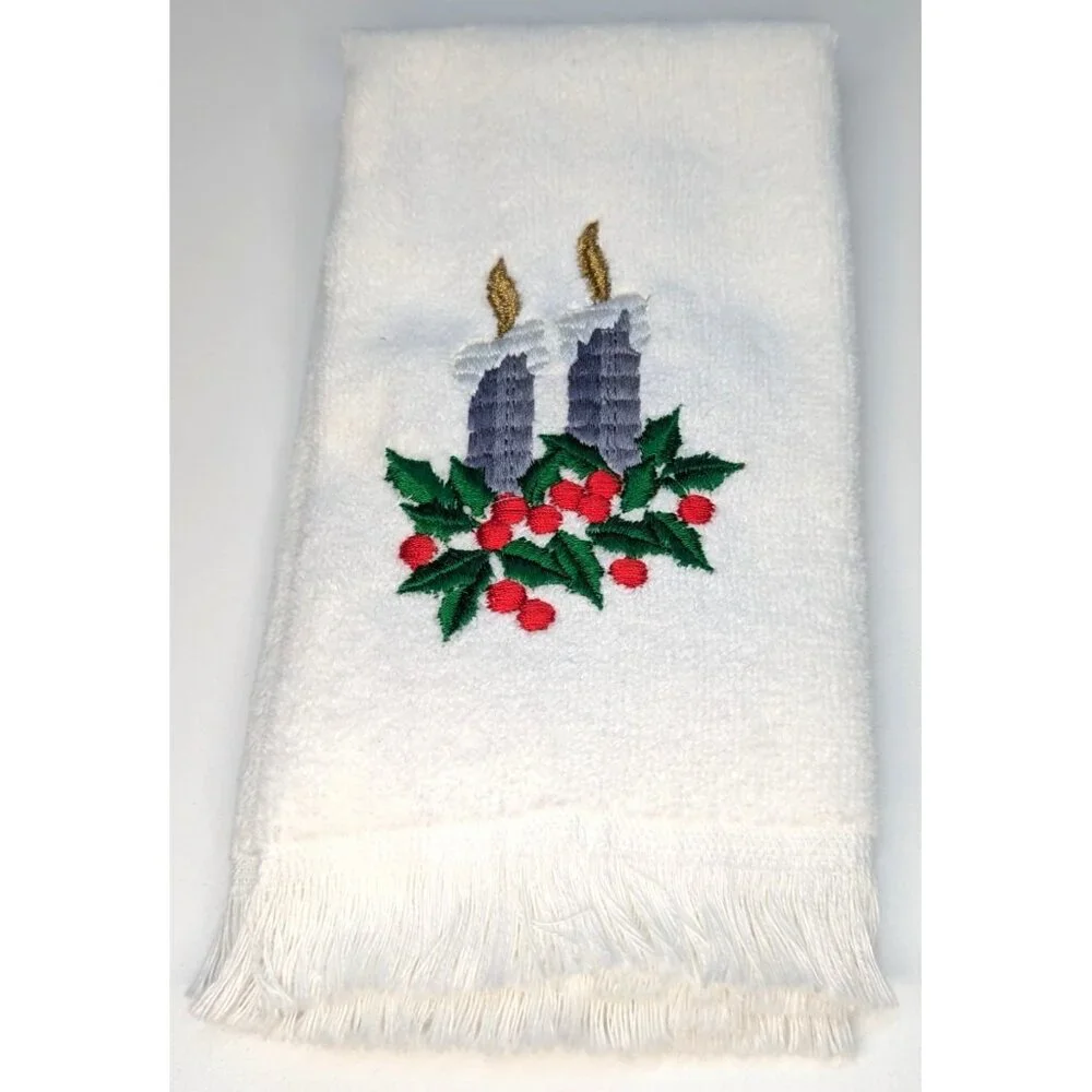 Vintage Christmas Finger Tip Bathroom Towels with Candles and Bells Set of 3